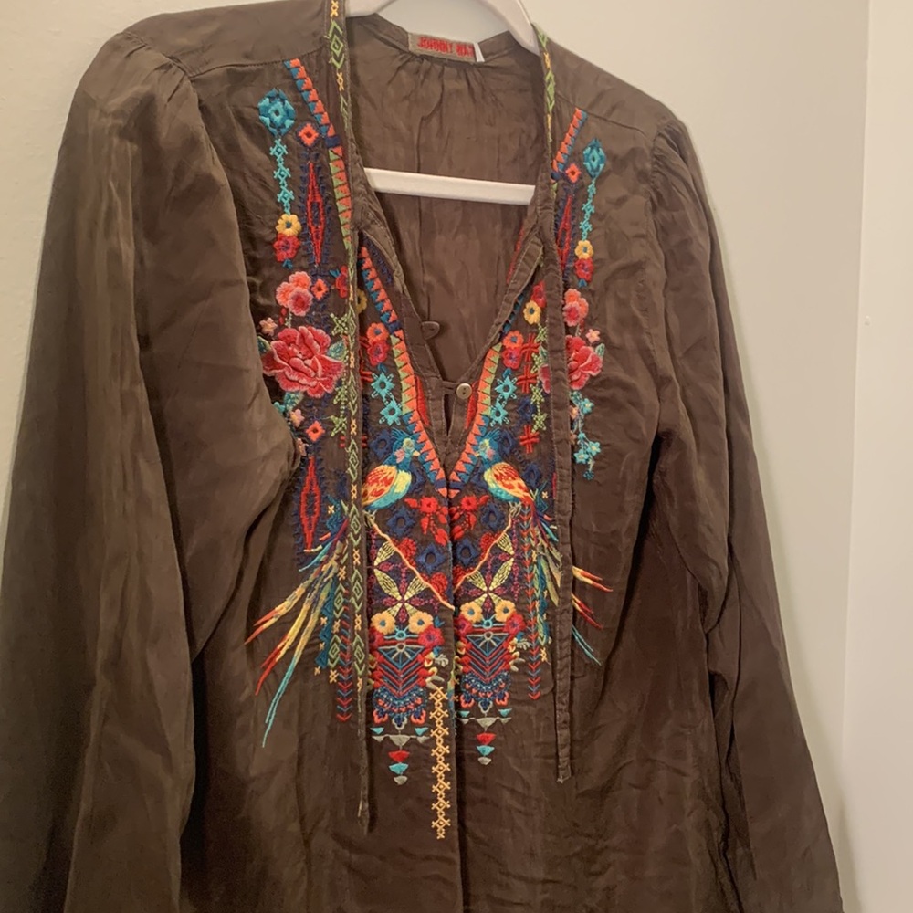 Johnny Was Brown Embellished Long Sleeve Tunic